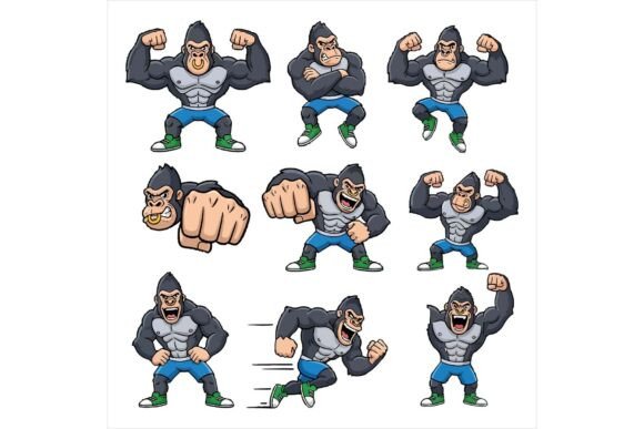Cartoon Gorilla Poses for Embroidery Projects