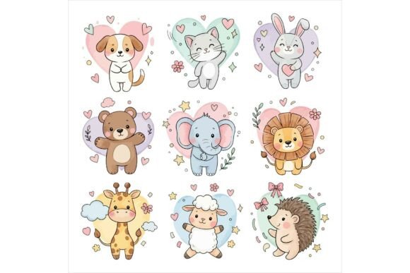 Cute Cartoon Animals with Hearts: A Versatile Graphic Design Asset for Modern Branding