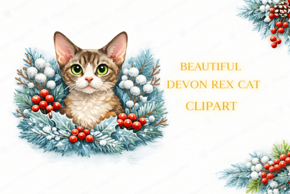 Devon Rex Cat Clipart with Winter Wreath: A Festive Illustration for Branding