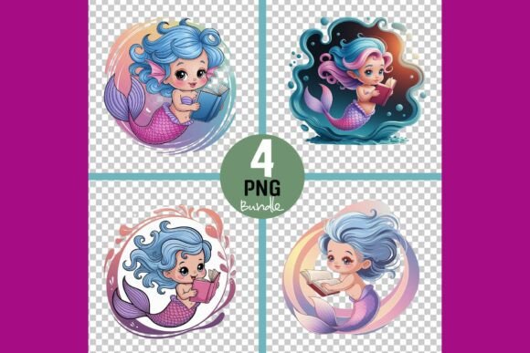 Mermaid Girls Reading Books PNG Set: A Versatile Illustration for Local Business Branding