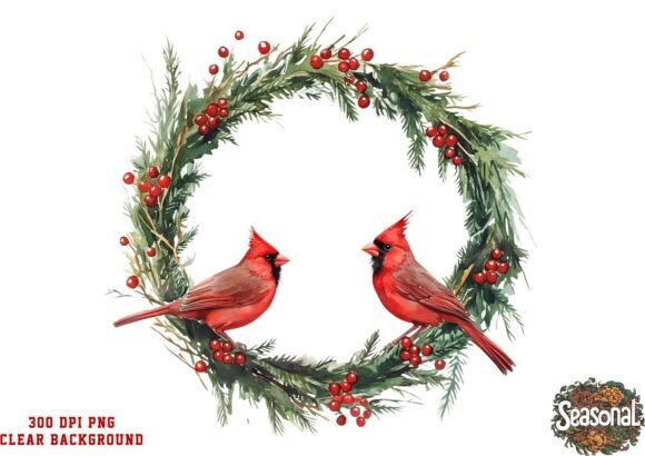 Red Birds Holiday Wreath Clipart: A Festive Graphic Design Asset for Creative Projects