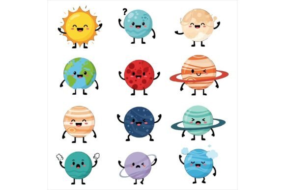Solar System Cartoon Characters Smiling – A Vibrant Illustration Asset for Creative Projects