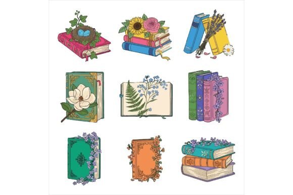 Vintage Books with Flowers and Leaves: A Timeless Illustration for Local Branding