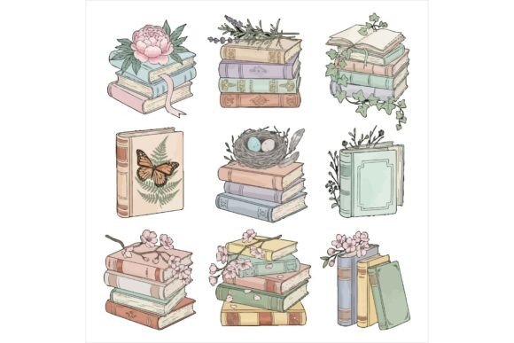 Whimsical Stacks of Books with Flowers: A Versatile Illustration for Digital Sellers