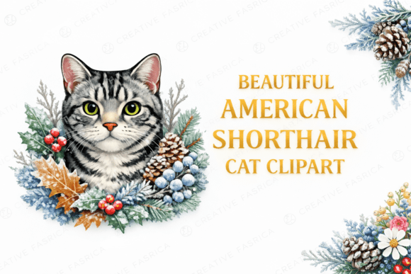 Winter American Shorthair Cat Clipart for Editorial and Web Design