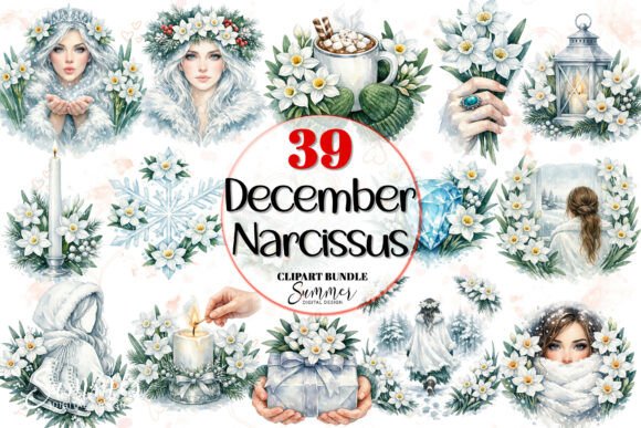 Winter Floral December Narcissus Clipart for Illustrations