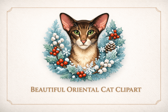 Winter Oriental Cat Clipart for Creative Illustrations
